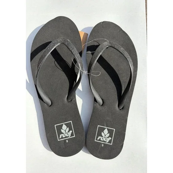 Reef Stargazer Flip Flops Womens 5 Black Glitter Sparkle Thong Sandals New - Picture 1 of 3